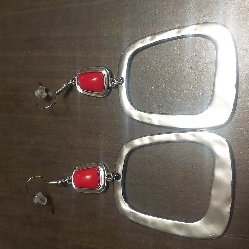 Silver and red dangle earrings
